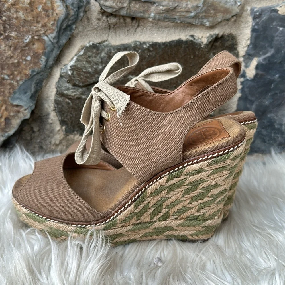 Tory Burch crossover platform espadrille wedge sandal size 7